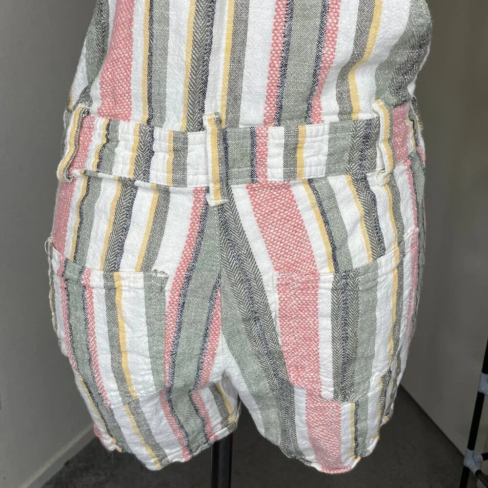 Indigo Rein Striped Linen Blend Shortall Overalls Romper - Size Medium